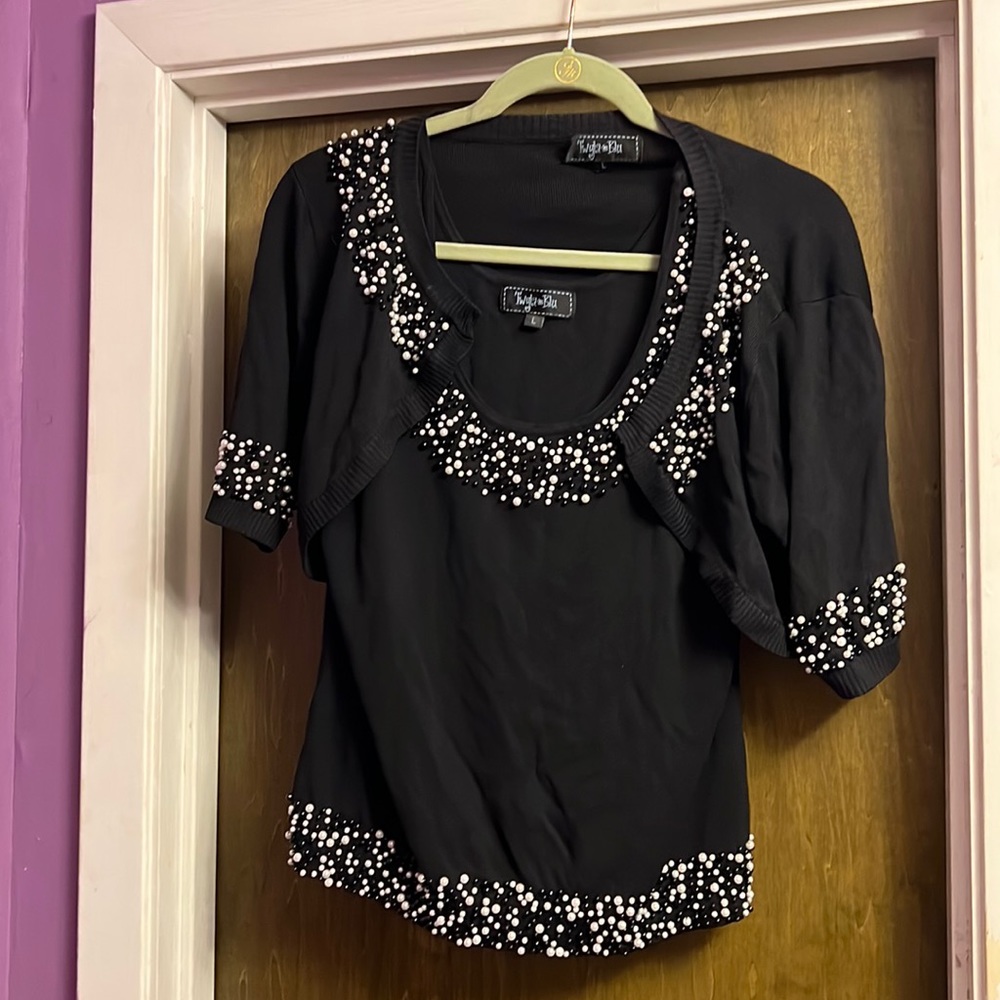 Lovely sweater set trim with pearls by Twyla Blu